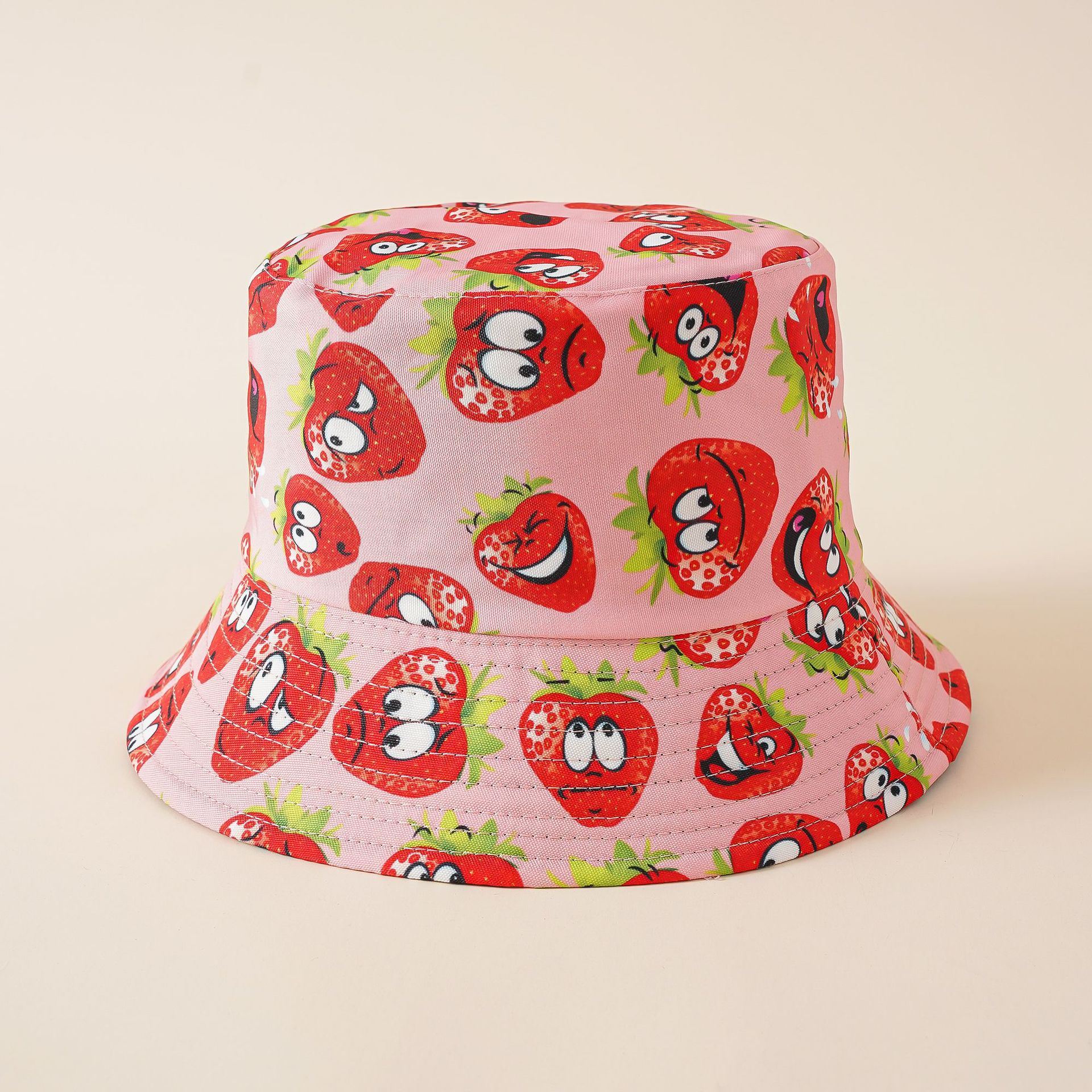 Cartoon strawberry pattern fisherman hat trendy double-sided wear creative basin hat cover face breathable cap sunscreen sunshade hat Doba Pink